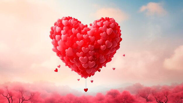 A large heartshaped balloon flies in the sky above a blooming rose garden