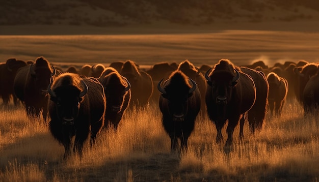 Large herd grazing on tranquil rural meadow generated by AI