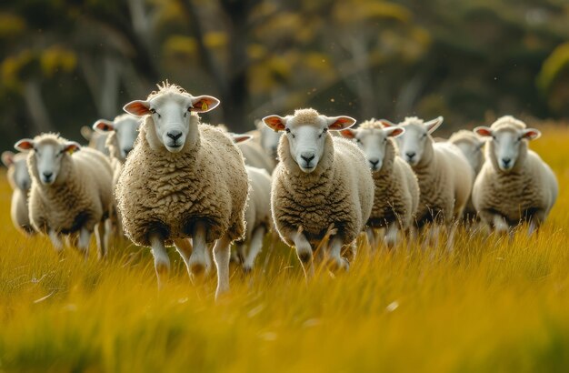 Large herd of sheep running through grass field