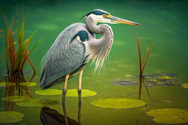 Large heron standing on green water surface with his legs tucked generative ai