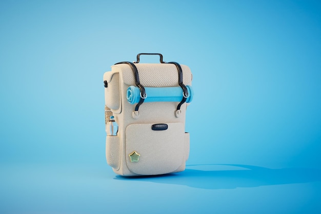 A large hiking backpack with a carimat on a blue background 3D render