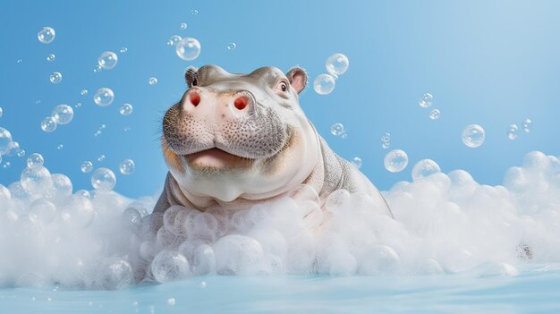 Большой бегемот плавает в ванне с пеной и пузырьками