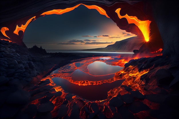 Photo large hole filled with lava next to a body of water generative ai