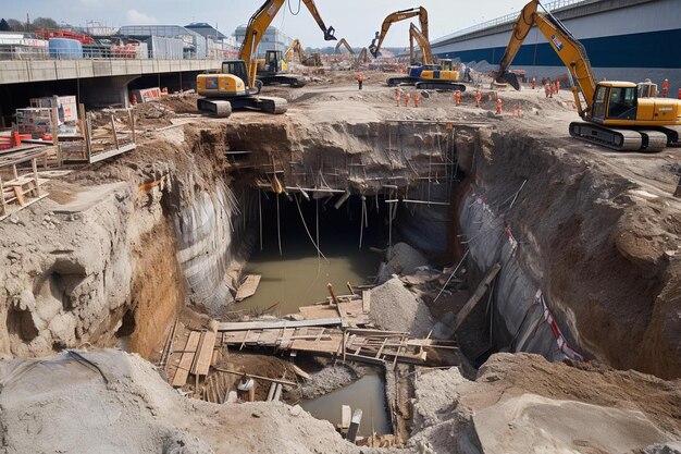 Photo a large hole in a large hole that has a large yellow excavator in it