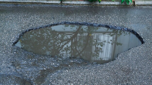 写真 アスファルト道路に雨水が入った大きな穴