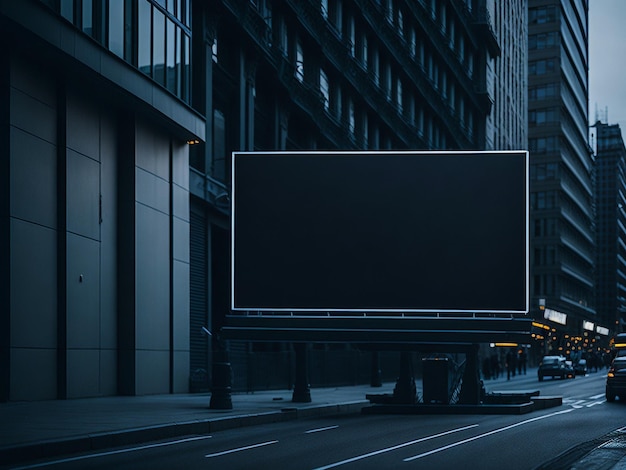 Large horizontal blank advertising poster billboard banner mockup in front of building in urban city