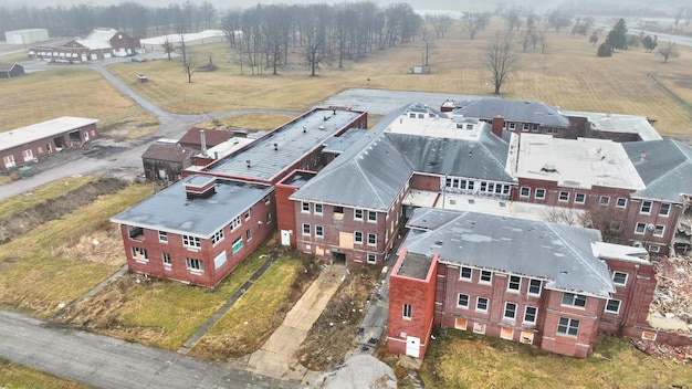 Large hospital complex aerial view with drone