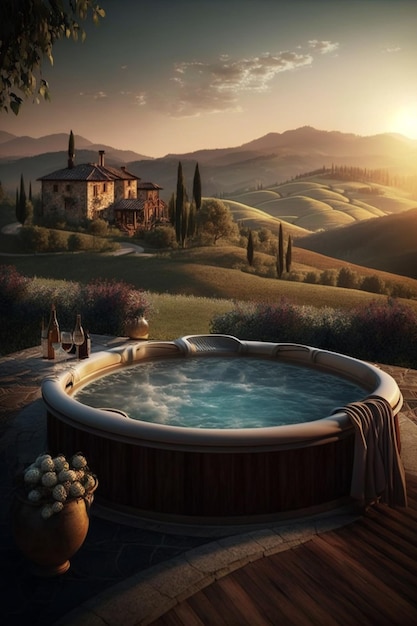 Large hot tub with view of house and wine bottle generative ai