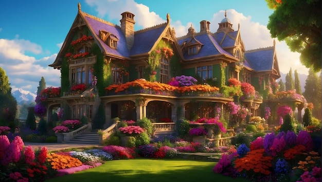 Large house surrounded by colorful flowers on a lush green lawn cinematic lighting