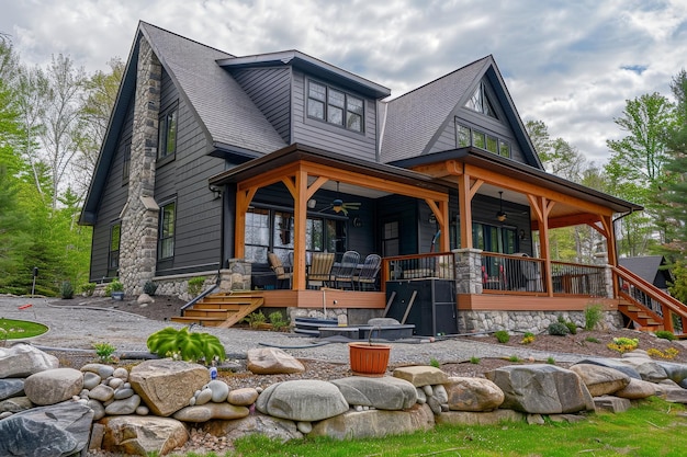 A large house with exterior and a white trim