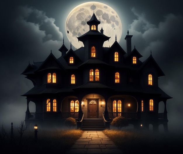 A large house with a full moon in the background