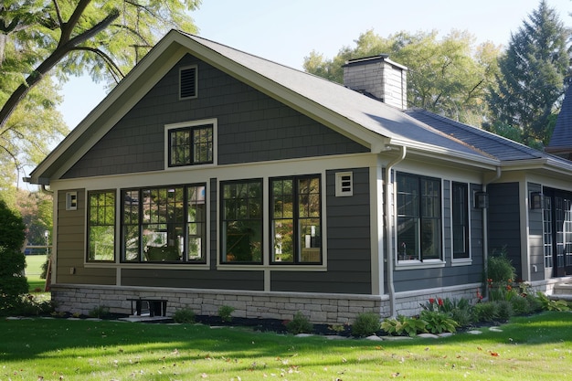 A large house with a gray exterior and a white trim