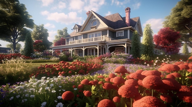 A large house with a large garden of flowers in front of it.