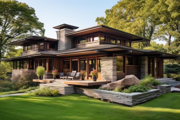 A large house with numerous windows on the front providing ample natural light A Frank Lloyd Wrightinspired prairie house AI Generated