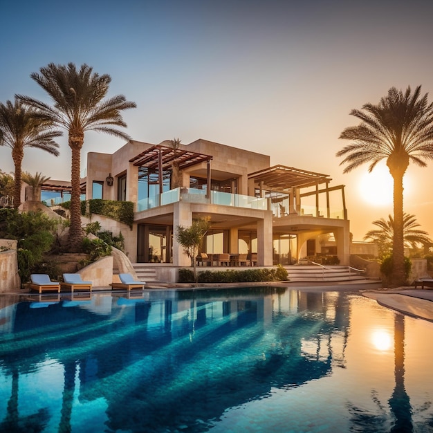 a large house with palm trees and a pool with a palm tree in the background.