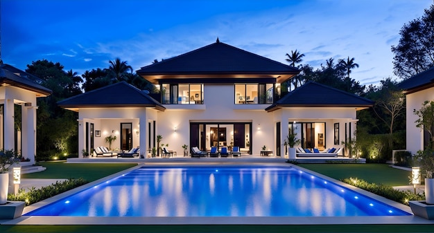 A large house with a pool in front of it design