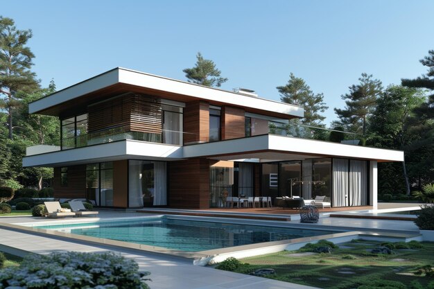 A large house with a pool and a lot of windows the house is very modern and has a lot of natural