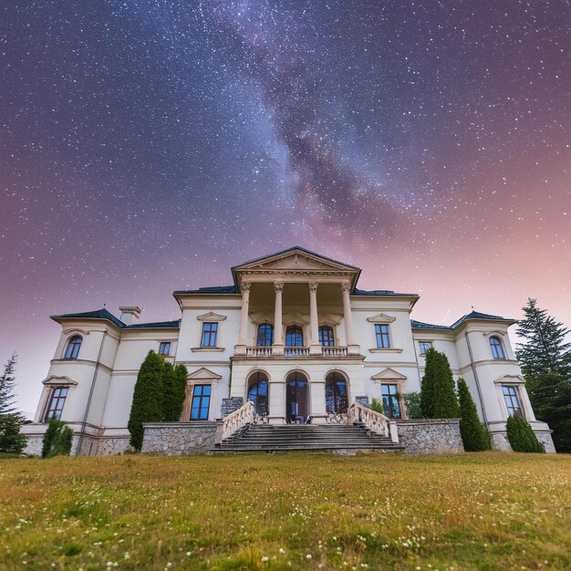 Photo a large house with a star - filled sky behind it