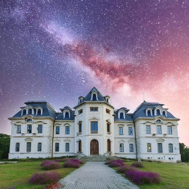 a large house with a star - shaped roof and a star - filled sky