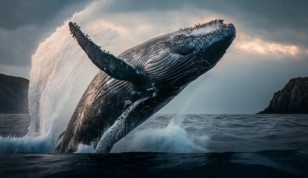 Large humpback whale majestically breaches in natural beauty generative AI