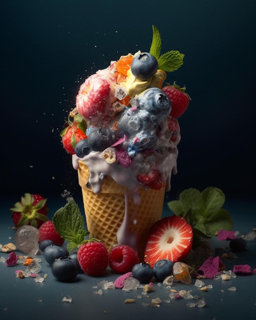 A large ice cream cone with blueberries and strawberries on top of it.