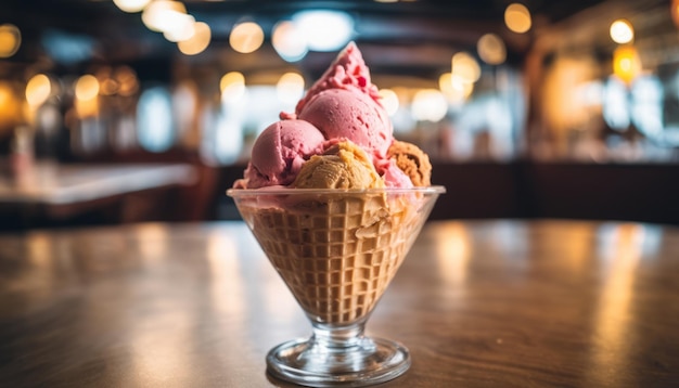 A large ice cream sundae in a glass bowl