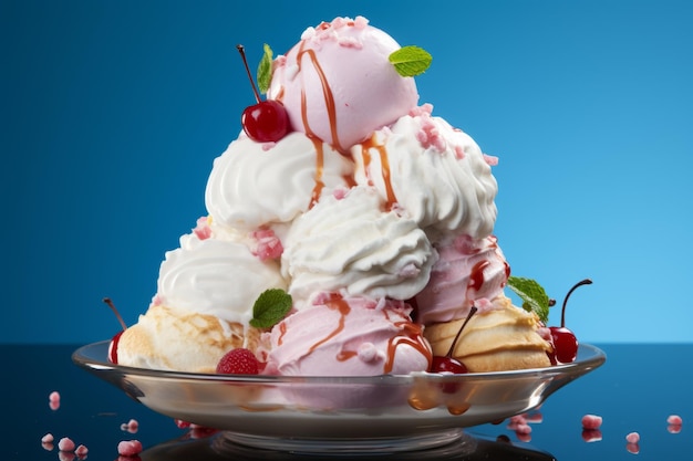 大きなアイスクリーム・スンデー チーズとミントのホイップクリーム デザートは高く積み重ねられて美味しく見えます