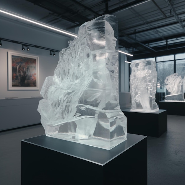 A large ice sculpture in a museum with a painting on the wall behind it.
