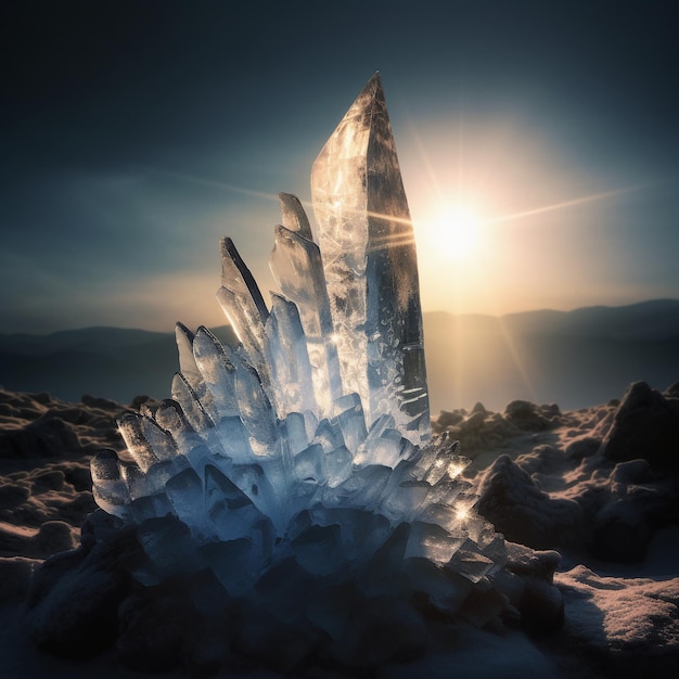 A large ice sculpture with the sun setting behind it.