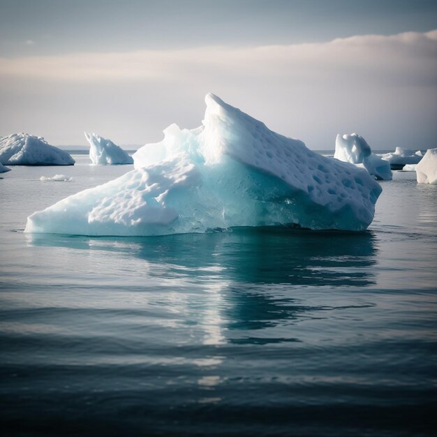 A large iceberg floating in the ocean with a cloudy sky in the background