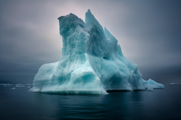 A large iceberg floating in the ocean with the sky in the background.