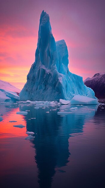 A large iceberg is floating in the water with a pink sky in the background.