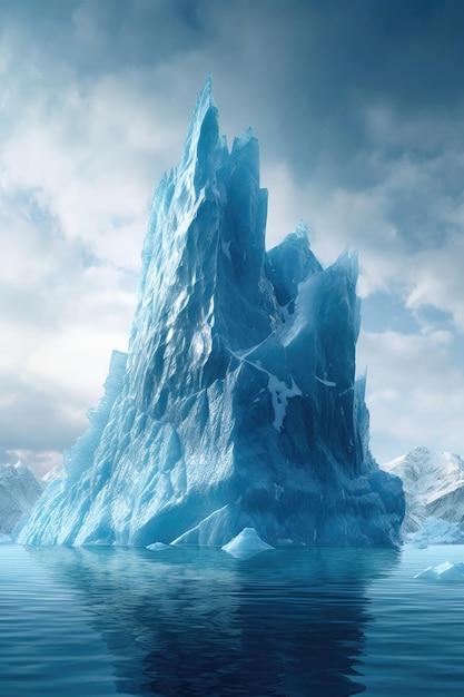 A large iceberg is in front of a cloudy sky.