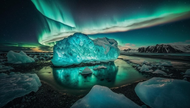 A large iceberg is illuminated by the aurora borealis.