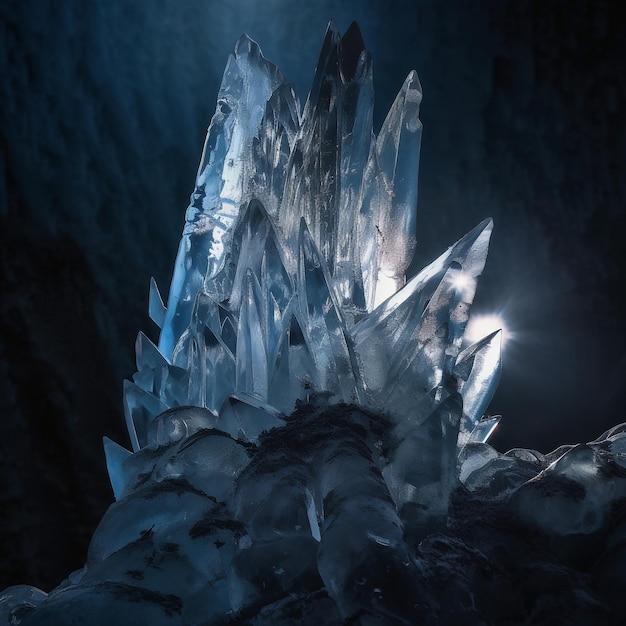 A large iceberg is lit up in a dark cave.