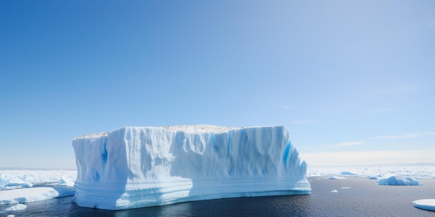 A large iceberg in the ocean with the sun shining on the horizon.