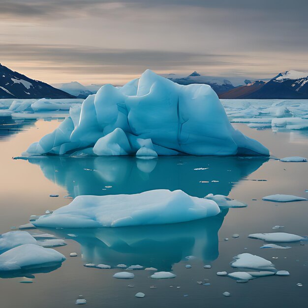 a large iceberg with a mountain in the background