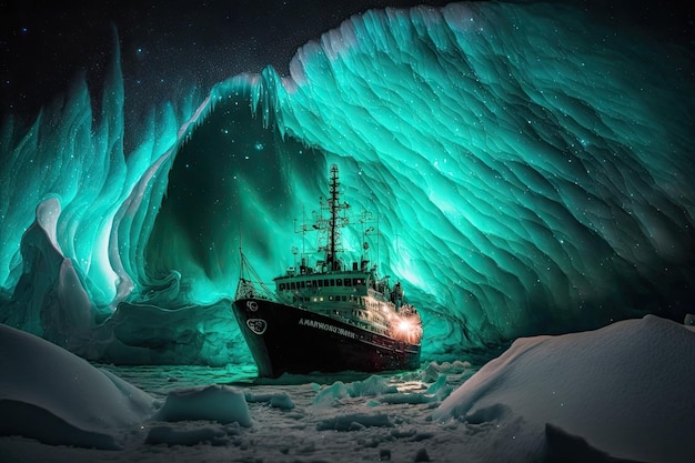 Large icebreaker comes along edge of ice cap during northern lights