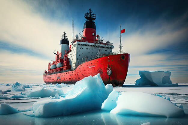 Large icebreaker ship with red flag goes to north