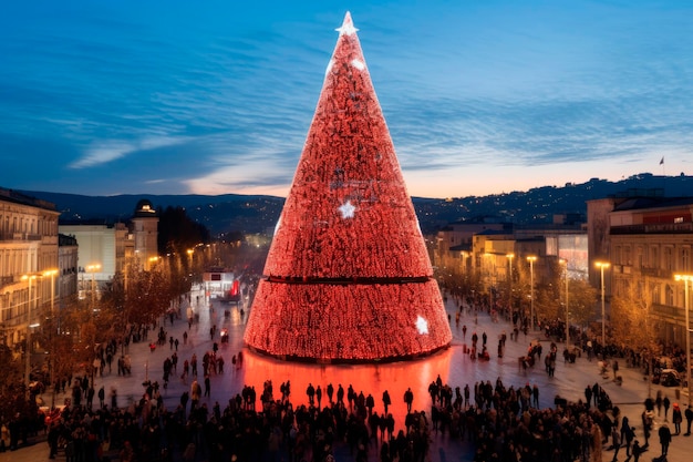 большая освещенная рождественская елка в ночном городе