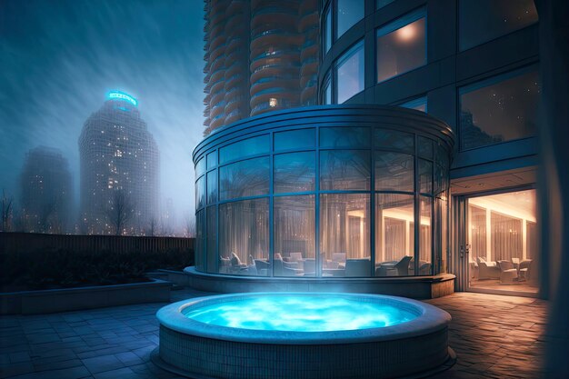 Large illuminated outdoor hot tub near glass building