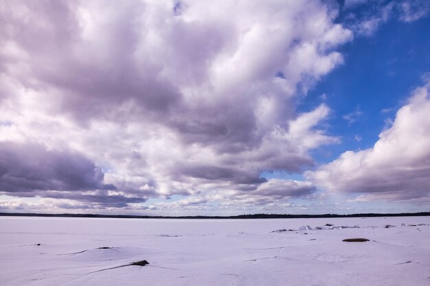사진 겨울 숲 얼음 호수의 큰 이미지 보기입니다. 눈 덮인 나무, 구름이 있는 푸른 하늘, 얼음 물이 있는 놀라운 얼어붙은 호수가 있는 탁 트인 풍경. 배경 계절 겨울 흐린 시원한 날씨입니다. 복사 공간
