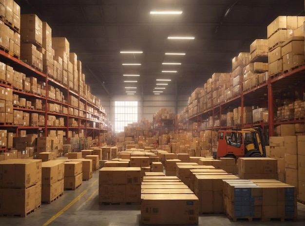 Большой импортно-экспортный склад, заполненный ящиками с товарами и контейнерами логистической отрасли.