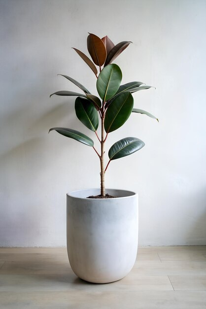 a large indian rubber tree in a minimalist white pot isolated on white background