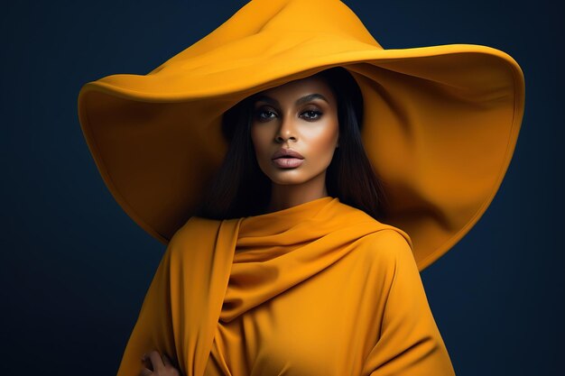 写真 大きなつばが目を引く大きなインドの黄色い帽子、モダンなファッションデザインモデル