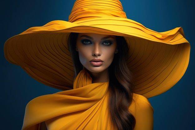 large Indian Yellow hat with an eyecatching large brim a modern fashion design model