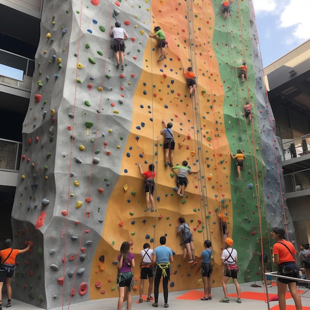 A large indoor climbing wall with a large yellow ball on top.