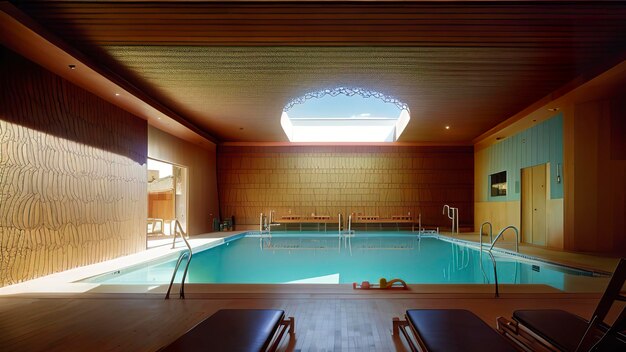 Photo a large indoor swimming pool with a skylight in the background.