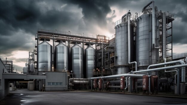 A large industrial building with a dark sky in the background