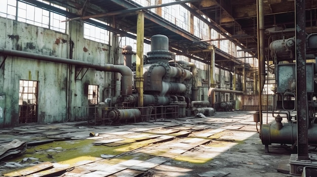 A large industrial building with a large pipe in the middle of it.